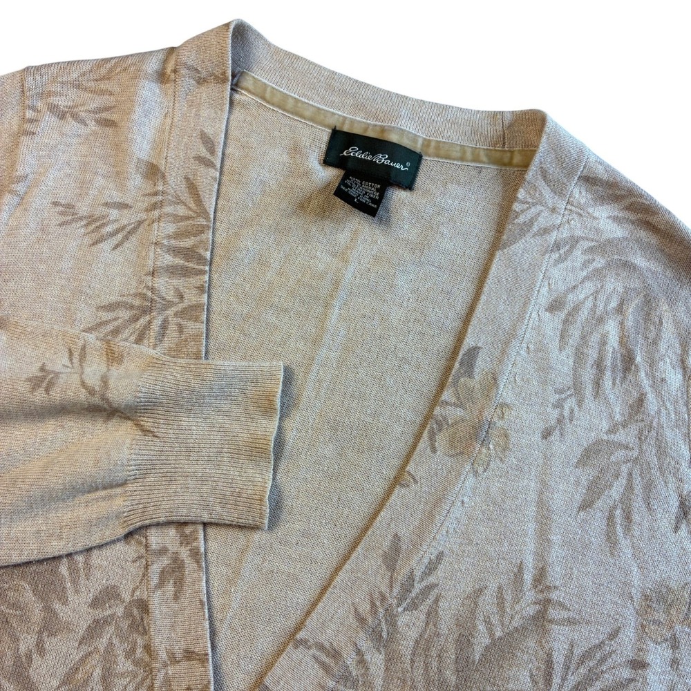 Vtg Eddie Bauer Womens Tan Floral Cashmere Blend Longline Cardigan Sweater Large